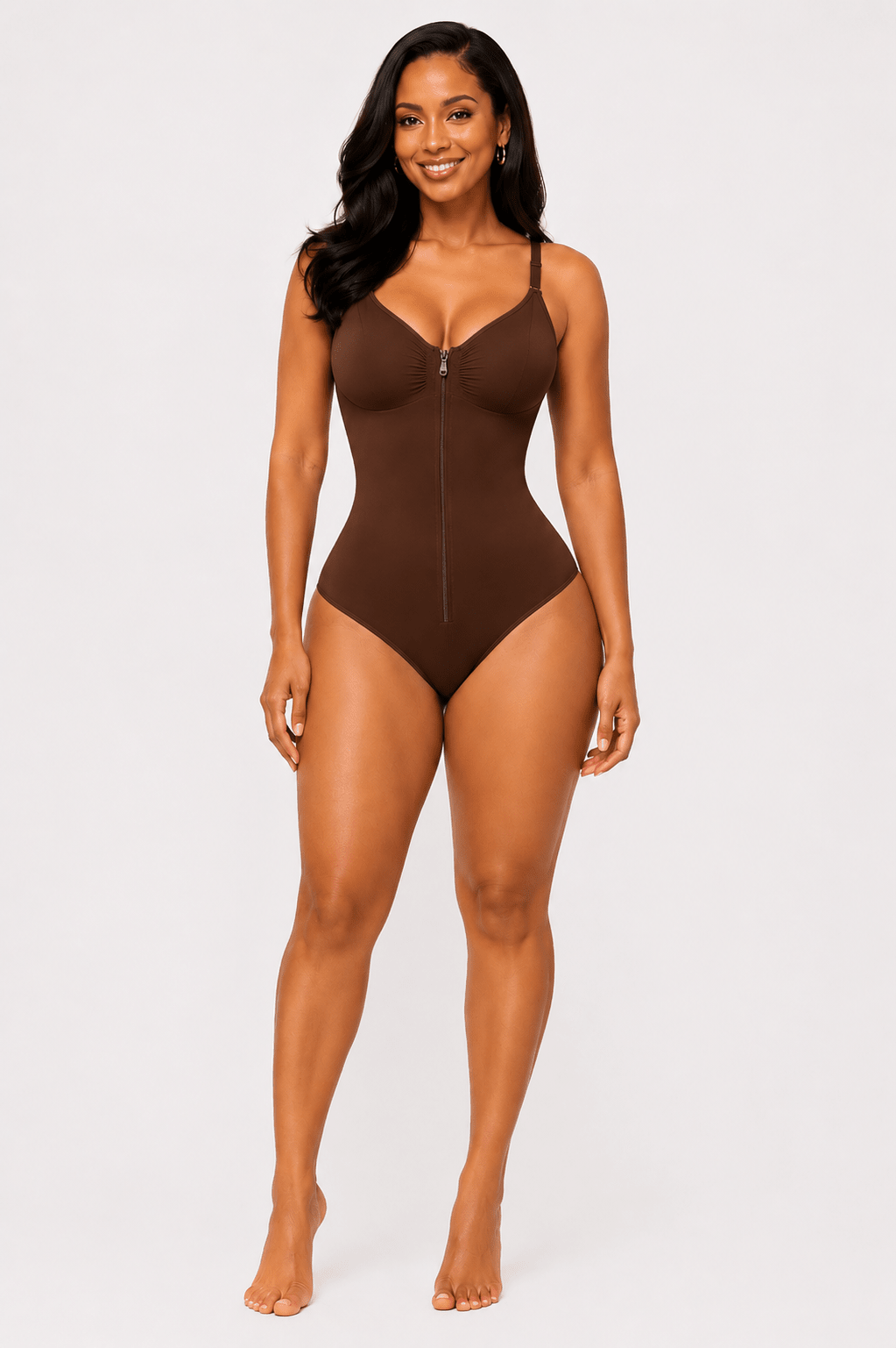 Women's Full Tummy Control Zipper Thong Jumpsuit Shapewear Brown - Sculpt Studio