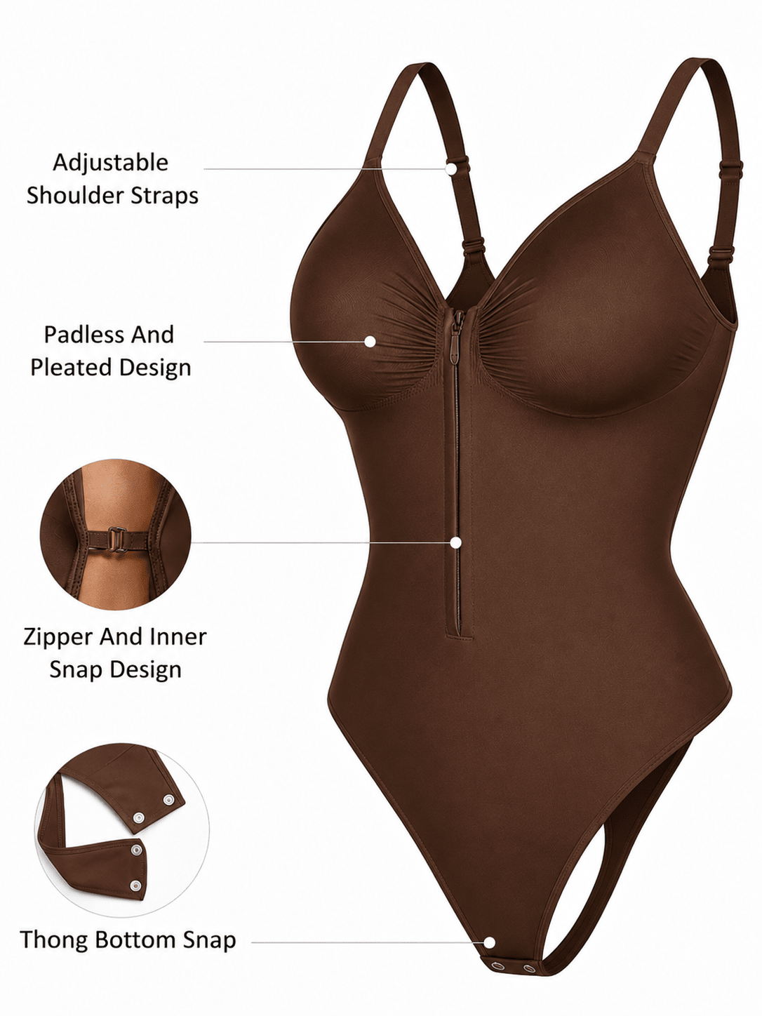 Women's Full Tummy Control Zipper Thong Jumpsuit Shapewear Brown - Sculpt Studio