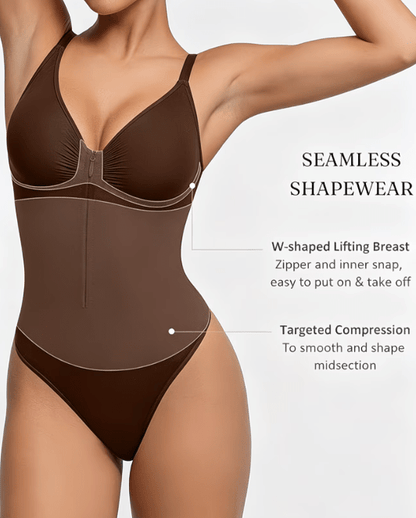 Women's Full Tummy Control Zipper Thong Jumpsuit Shapewear Brown - Sculpt Studio