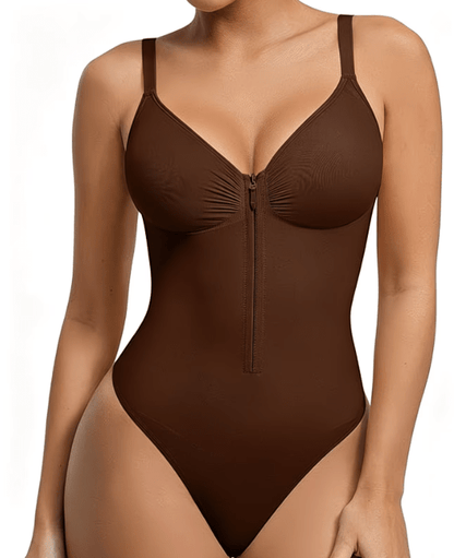 Women's Full Tummy Control Zipper Thong Jumpsuit Shapewear Brown - Sculpt Studio